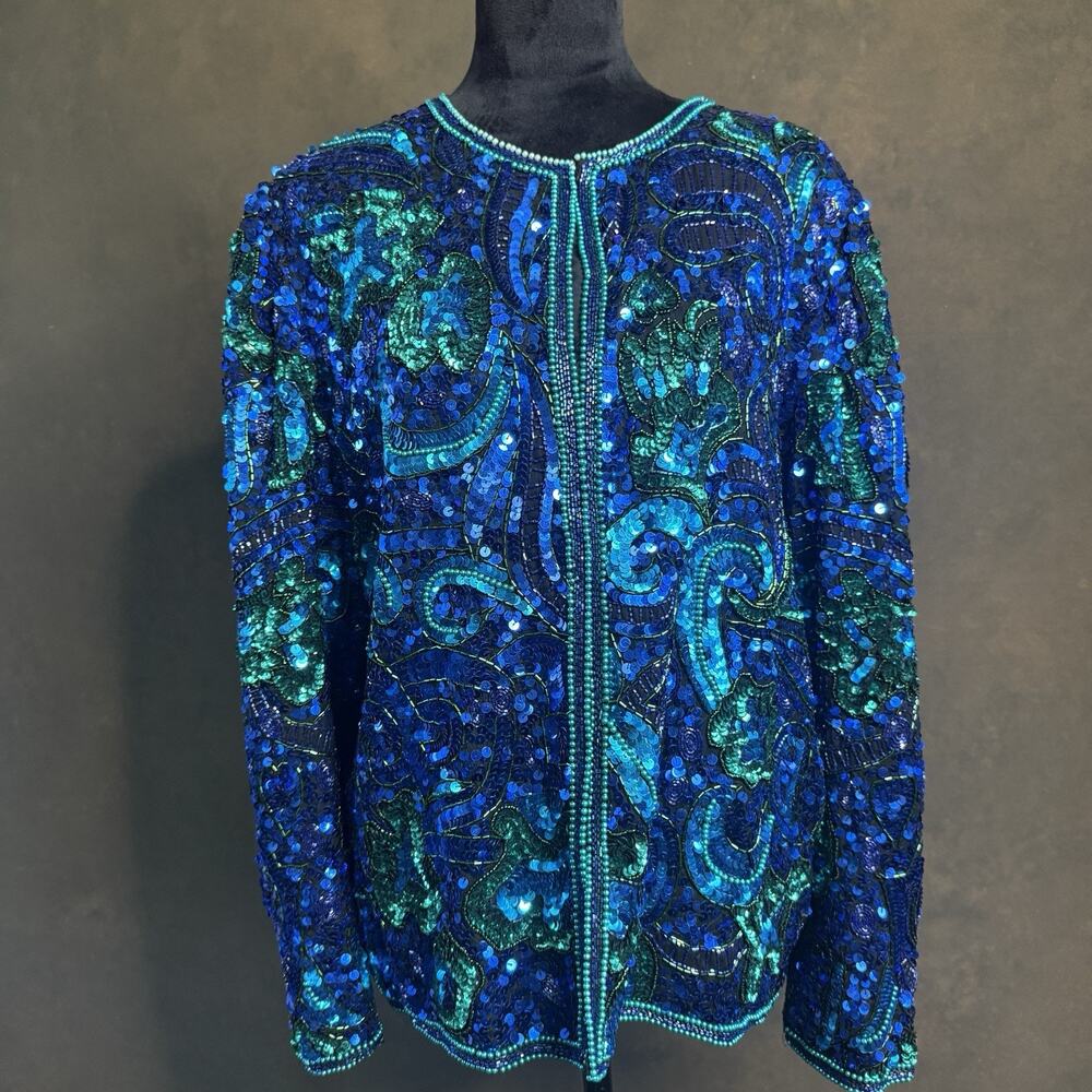 Vintage Laurence Kazar Silk Sequin Jacket XL Blue Green Beaded Evening Coat 80s
